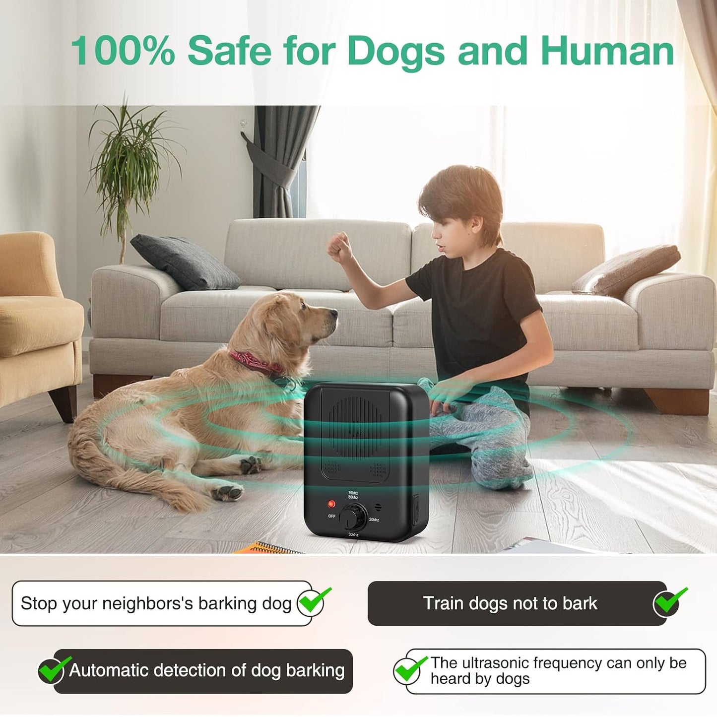 Dog bark stopper with adjustable ultrasonic frequency and distance settings