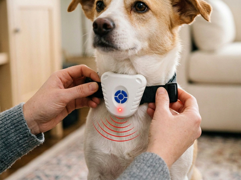 
 Adjusting ultrasonic bark collar settings for dog training.
