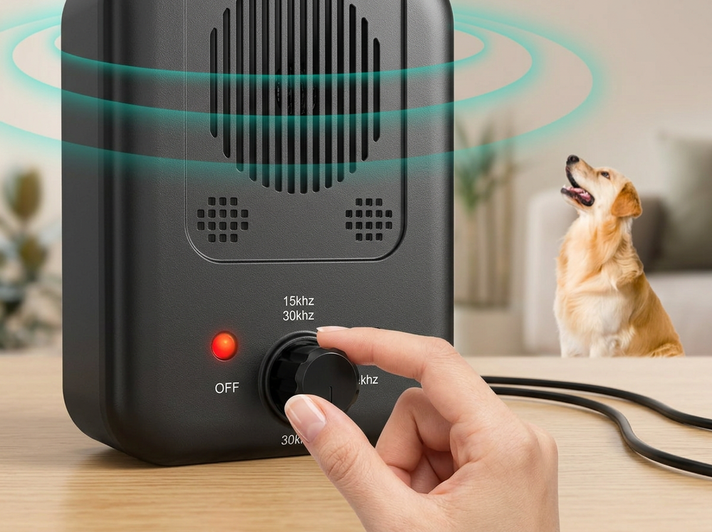 
 Adjusting frequency on a rechargeable ultrasonic dog bark deterrent.