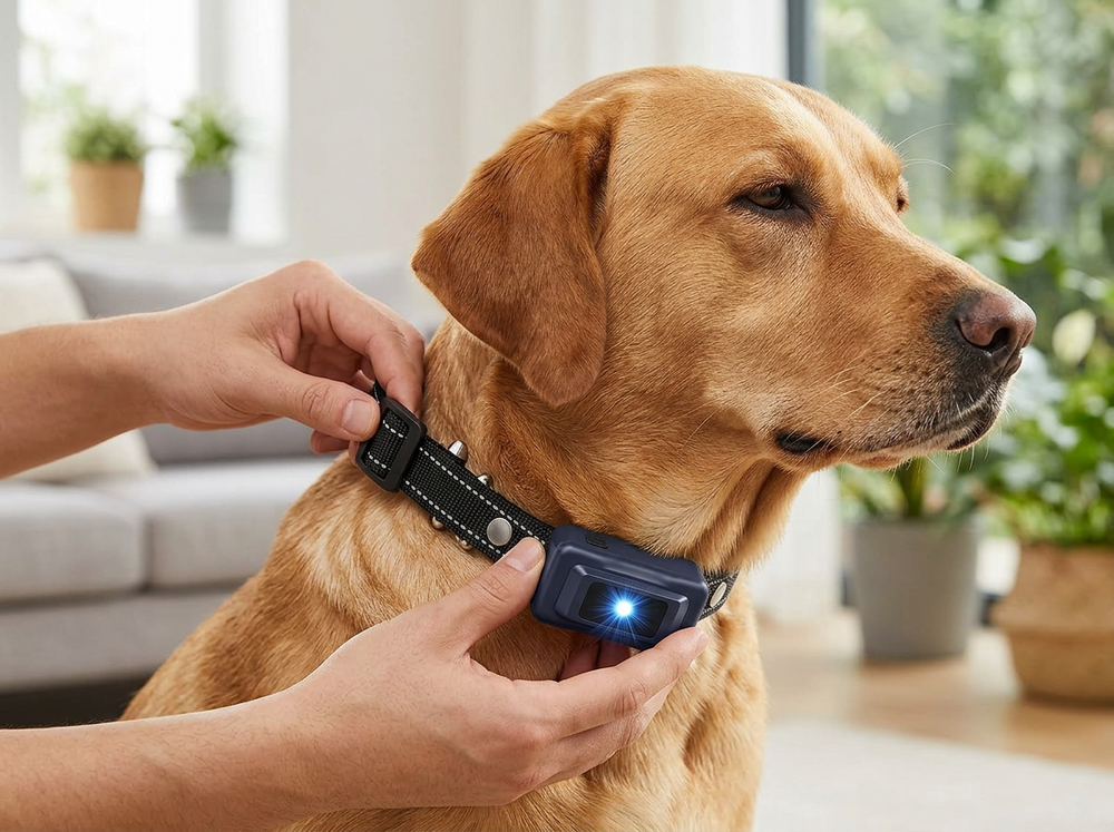 Owner fitting adjustable 4265FT remote training collar around dog neck