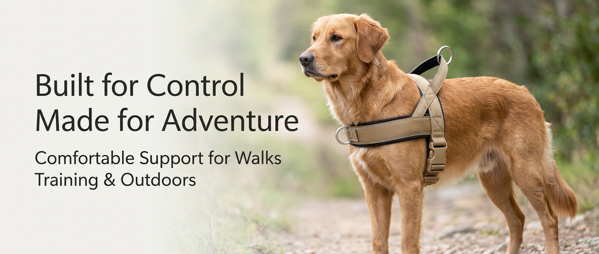 Medium large dog wearing a khaki adjustable nylon harness with padded straps and metal leash rings