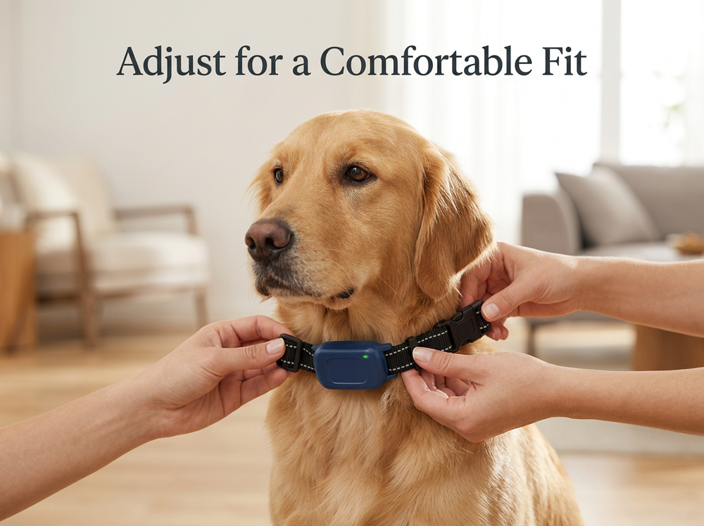
Navy blue dog training receiver fitted comfortably around a dog’s neck.