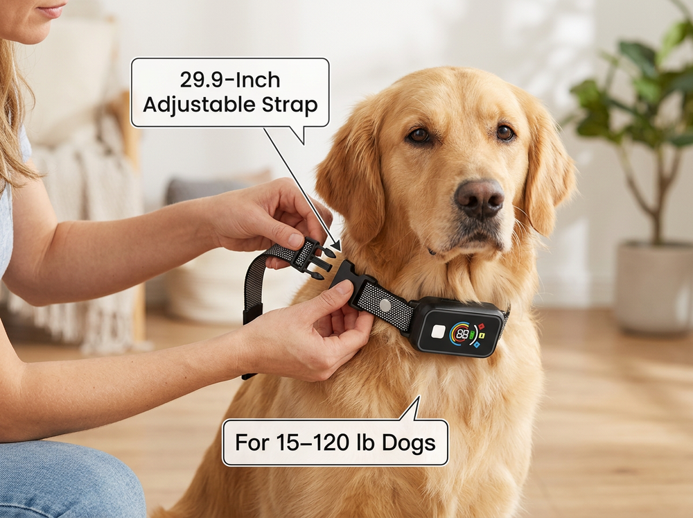 Adjustable 29.9-inch remote dog training collar fitted comfortably around a medium-sized dog's neck.