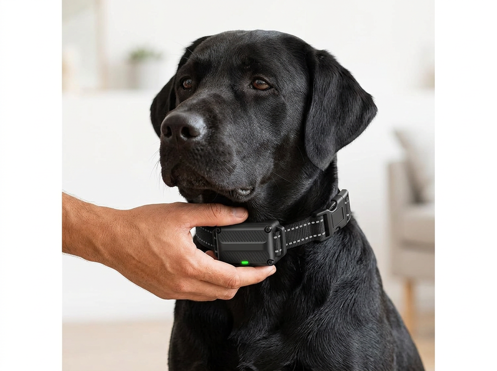 Owner comfortably fitting an adjustable remote training collar around a dog's neck.