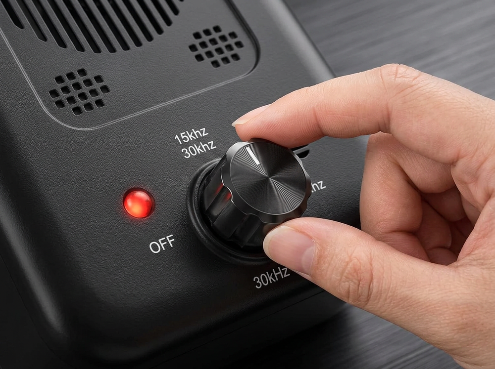 
 Ultrasonic dog bark control device with adjustable frequency control.
