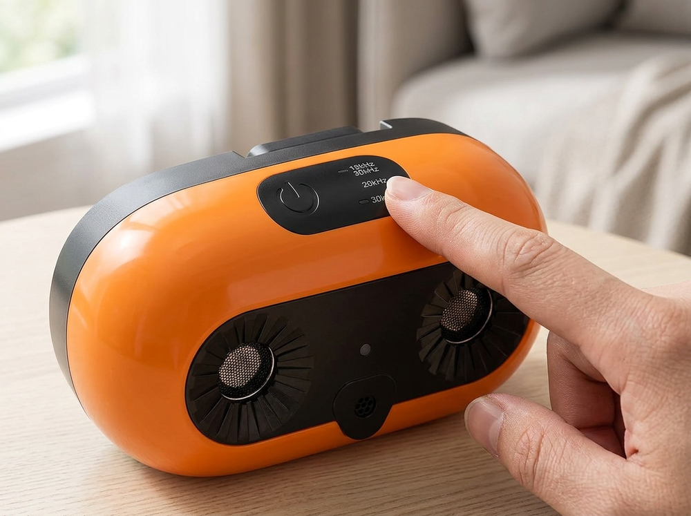  Frequency control being adjusted on an orange ultrasonic dog bark prevention device