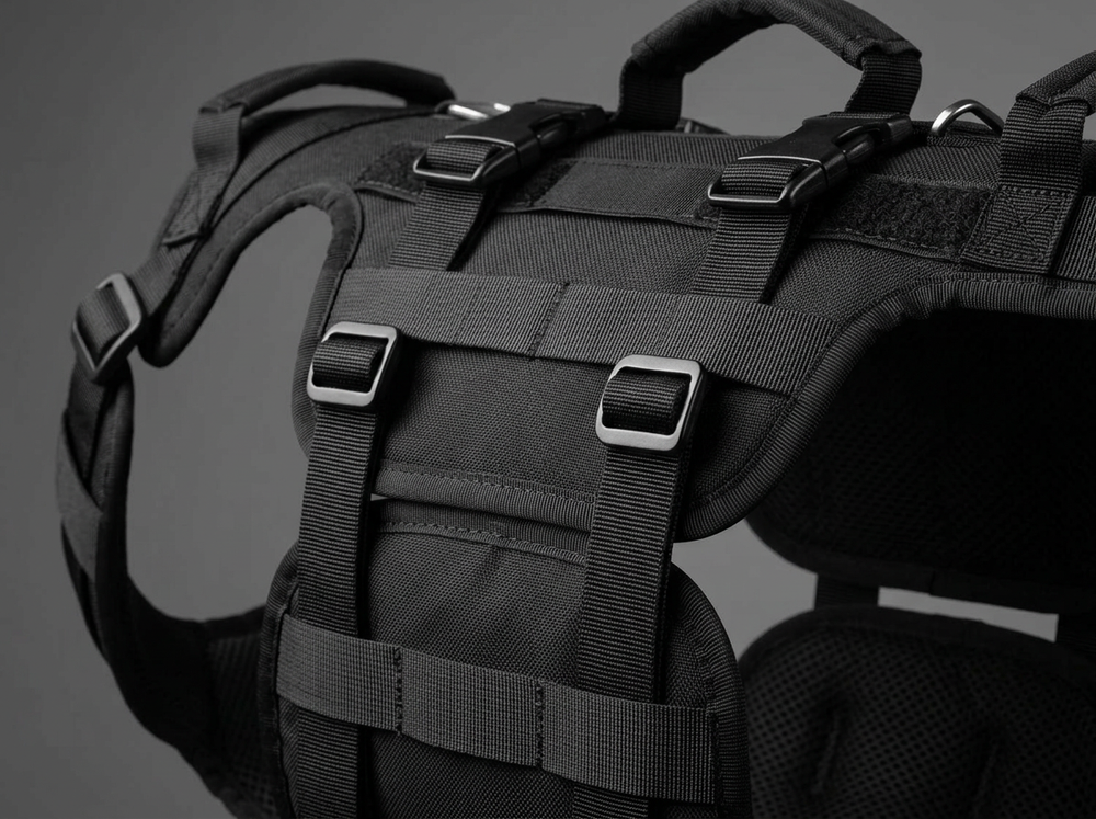 Adjustable black straps and hardware on a full body dog mobility support harness