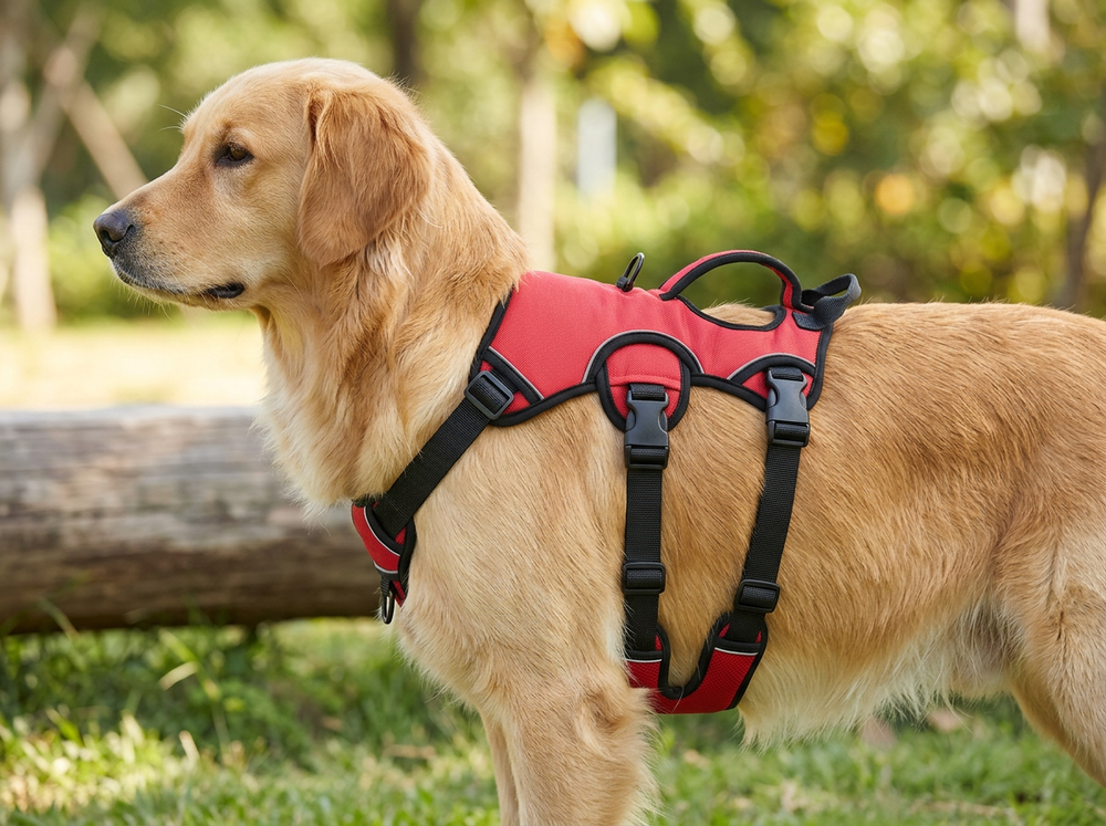 Adjustable training harness securely fitted around a large dog's chest and body