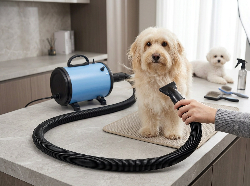  Blue pet hair dryer blower with adjustable controls, flexible hose, dog and cat in a clean grooming setting