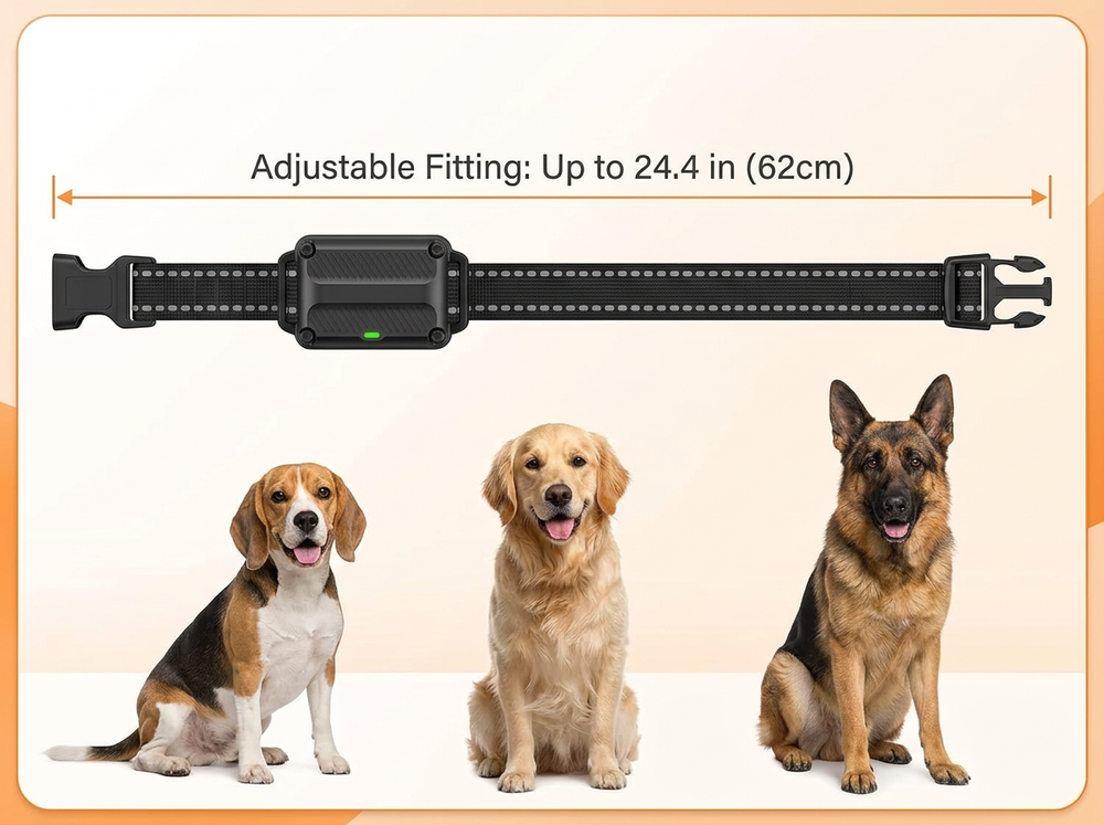 Adjustable black reflective dog training collar with receiver and up to 24.4 inch strap length.