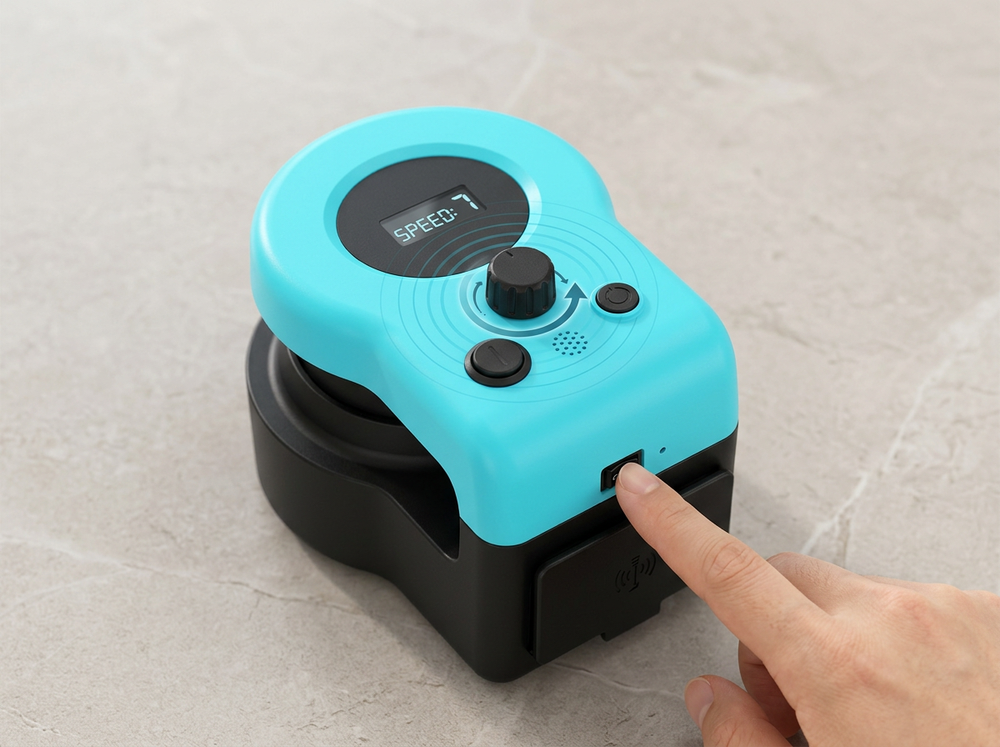  Speed adjustment knob and controls on an automatic electric cat chase to