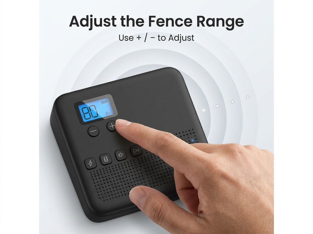 Wireless dog fence transmitter with plus and minus controls for adjusting the containment range.