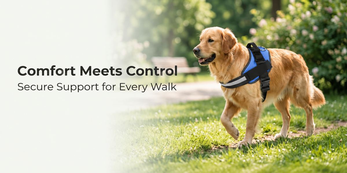 Hand adjusting straps on blue and black padded dog walking harness