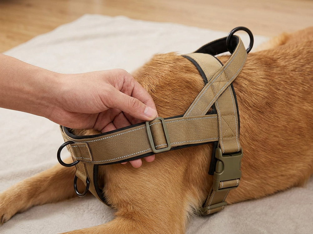 Adjustable strap being fitted on a khaki nylon harness worn by a large dog