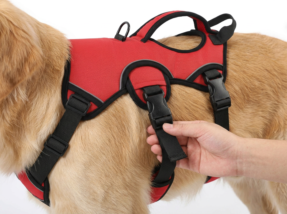 Adjustable strap being fitted securely on a large dog training harness
