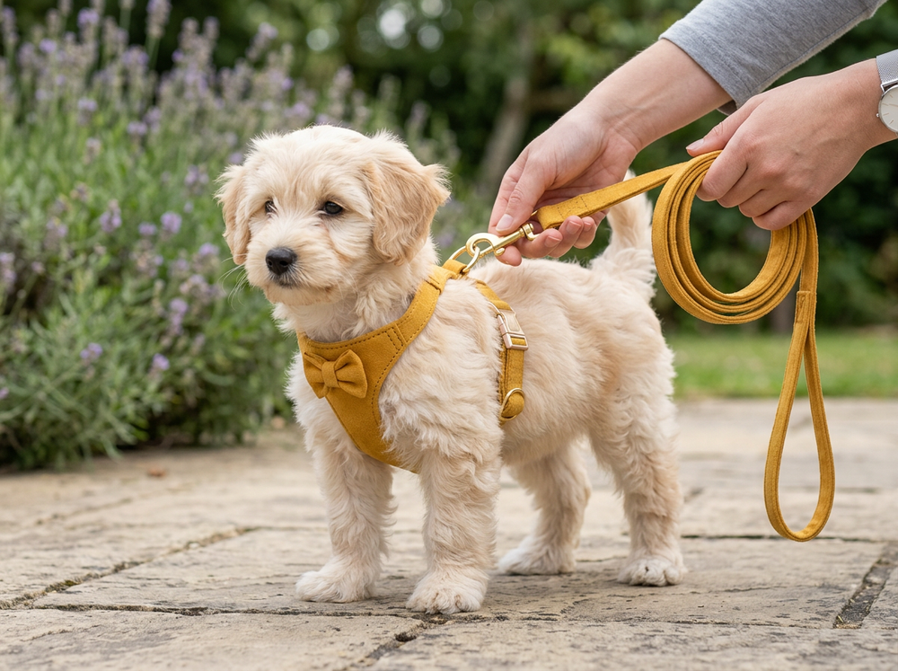 Adjustable strap being fitted on a mustard yellow harness worn by a small puppy