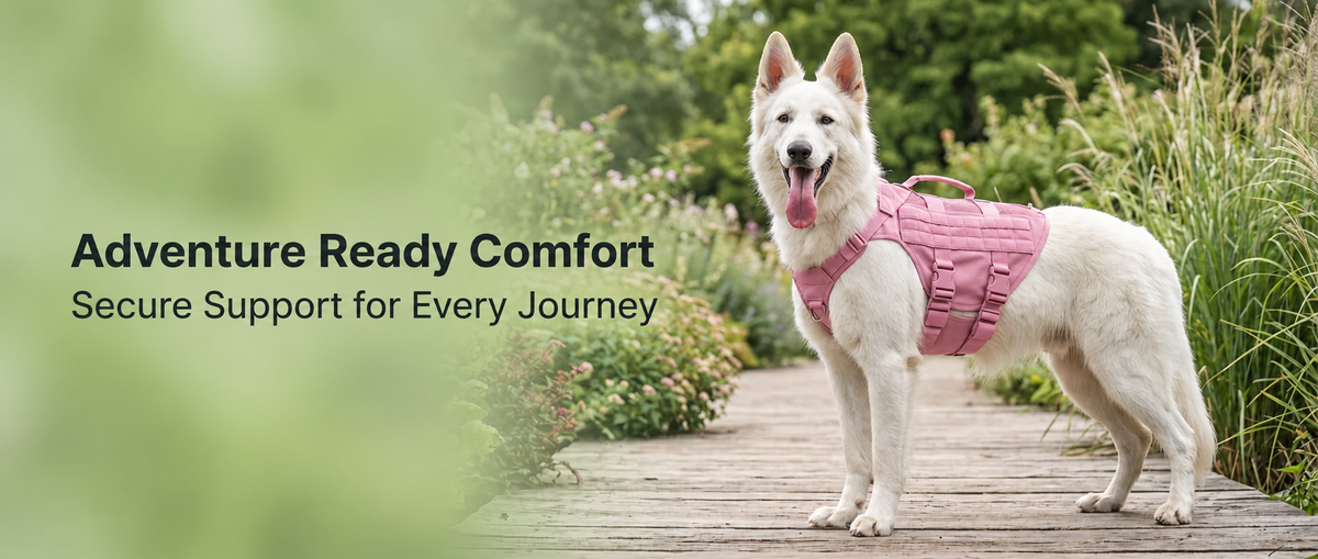 White dog wearing a pink adventure harness outdoors in a garden.