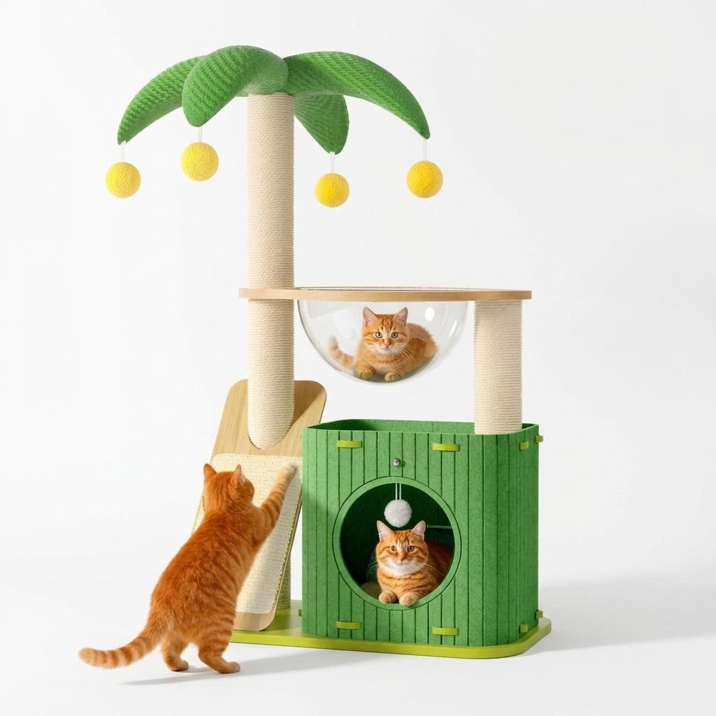 Wooden multi-level cat tree house with sisal scratching board