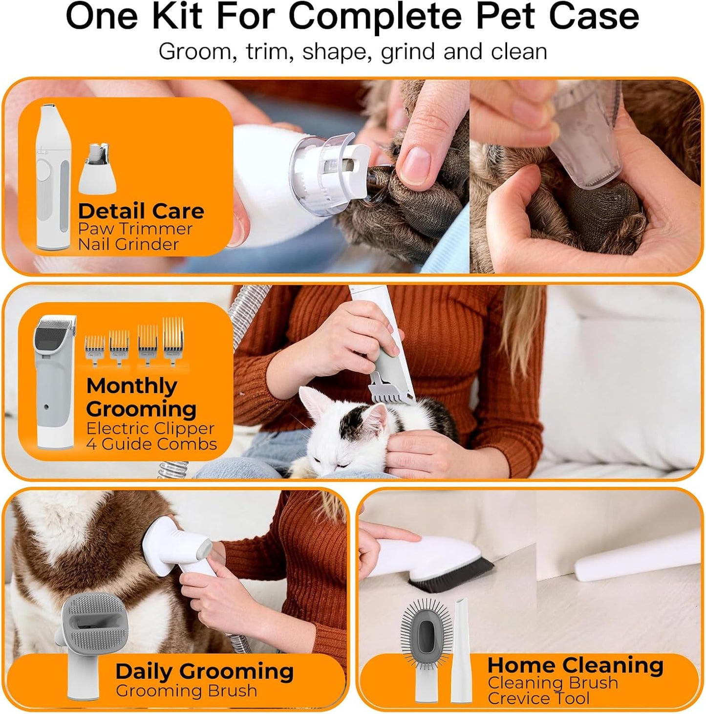 Complete pet grooming vacuum kit with grooming tools and nail grinder for dogs and cats