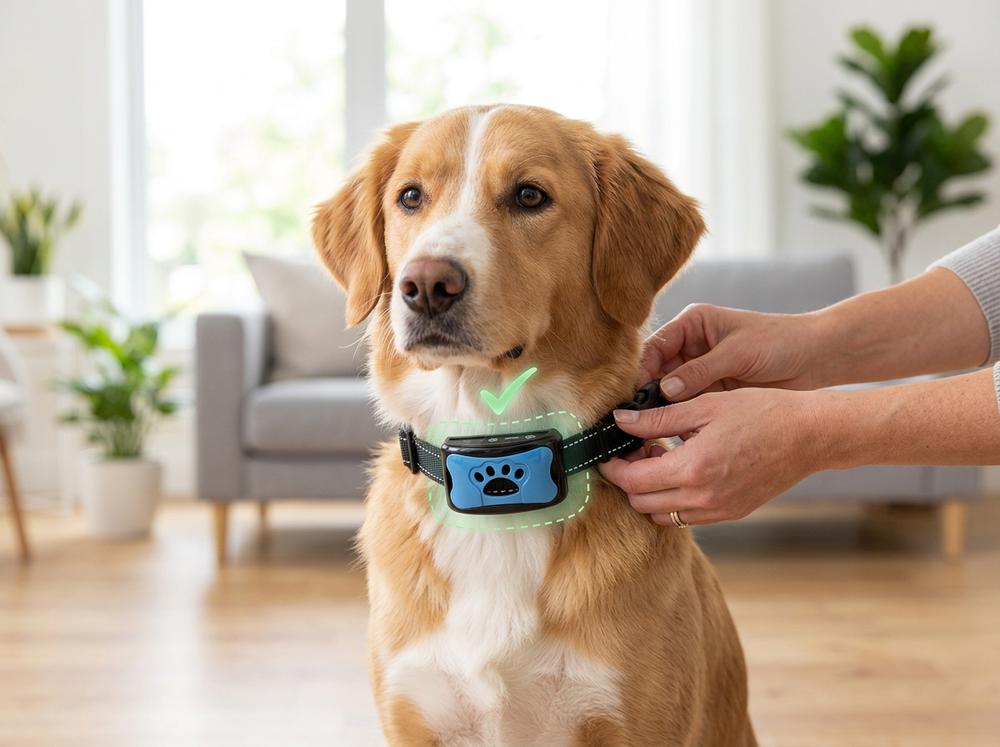 Blue and black anti-bark collar adjusted comfortably around a dog’s neck.