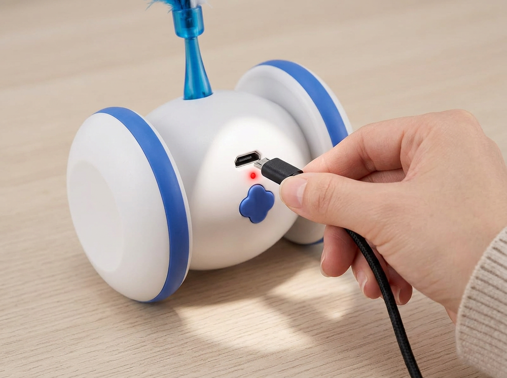Owner attaching feather accessory to LED cat ball toy