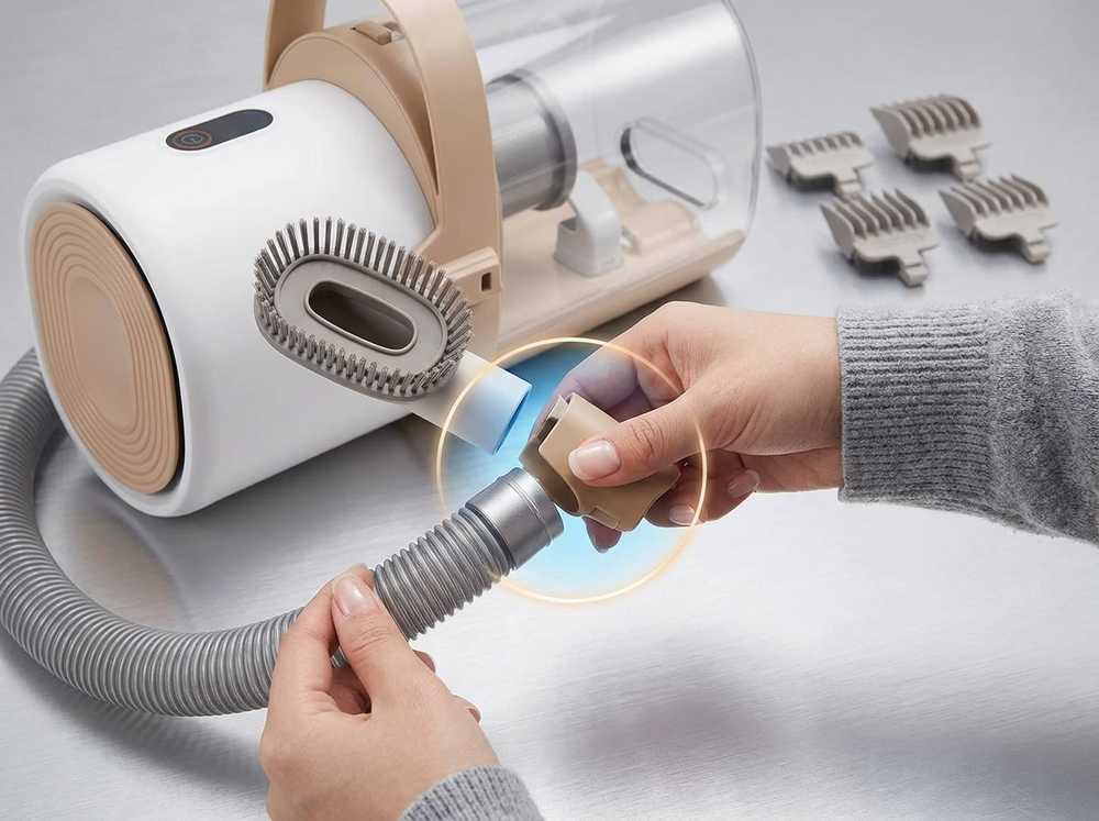 

Owner attaching grooming brush to pet vacuum hose.