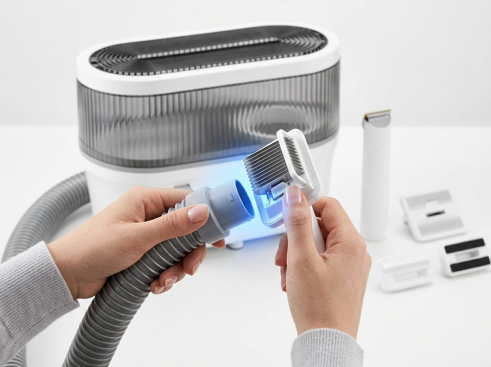 

Owner connecting grooming brush to pet vacuum hose.