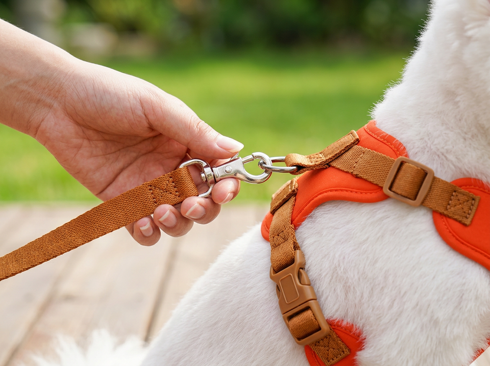 Matching leash clipping onto metal ring of orange bear dog harness