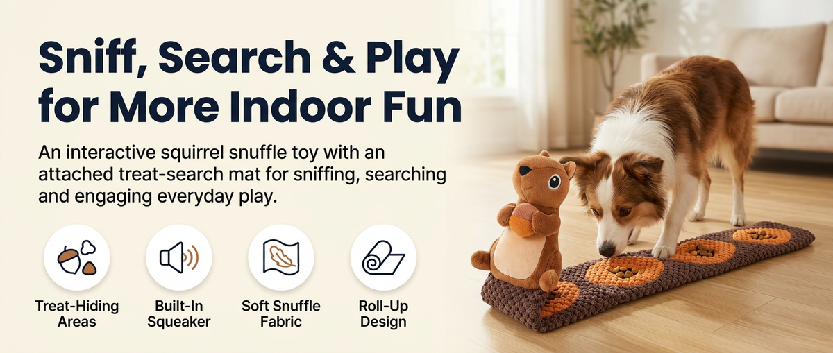  Brown plush squirrel dog toy permanently attached to a long textured snuffle mat with three orange treat-hiding sections