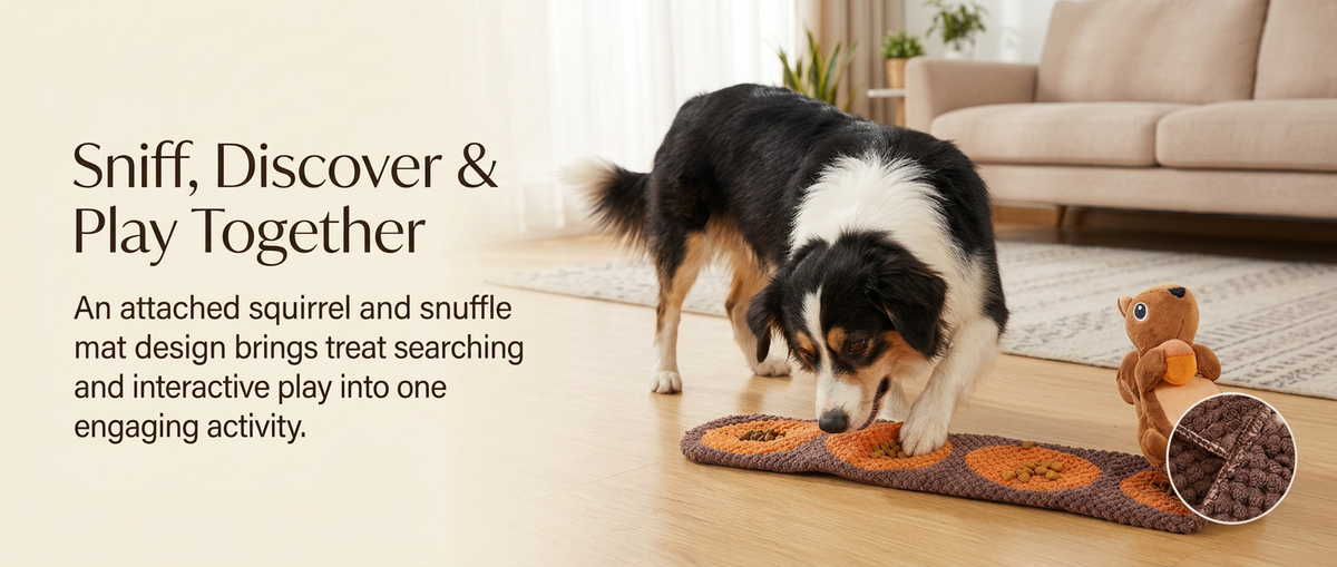 Happy dog searching a brown snuffle mat permanently attached to a plush squirrel toy in a cosy living room