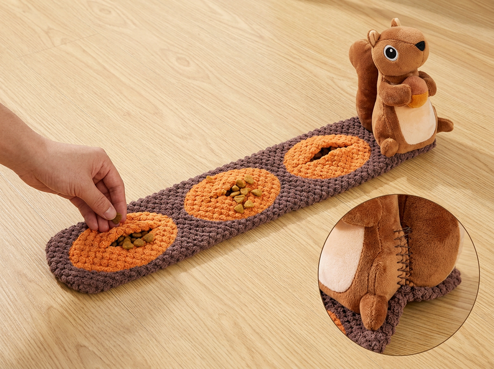  Hand placing dry dog treats into the orange sections of a brown snuffle mat permanently attached to a plush squirrel toy