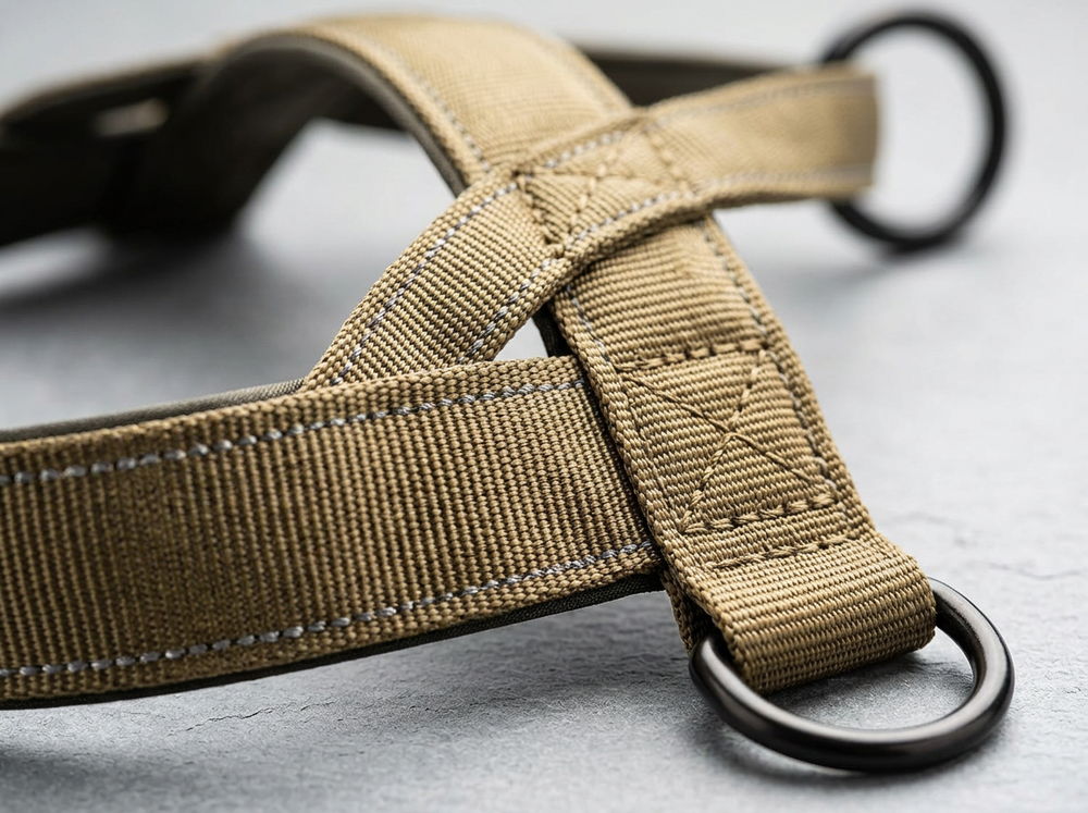 Leash being connected to the metal attachment ring of a khaki dog harness