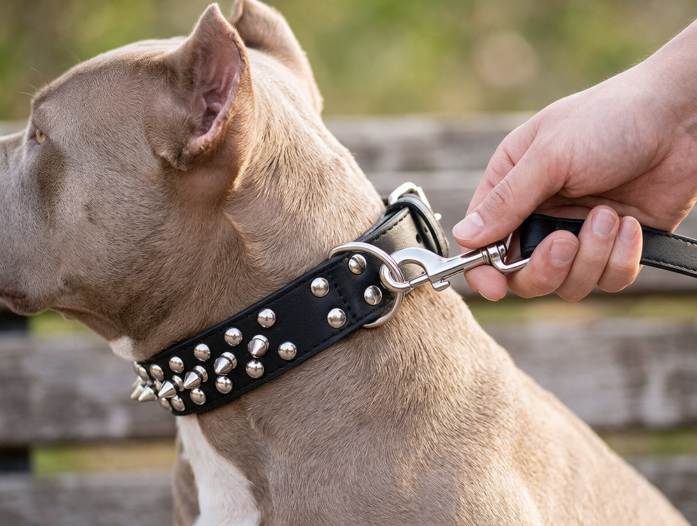 Black leash being attached to the D ring of a studded and spiked dog collar