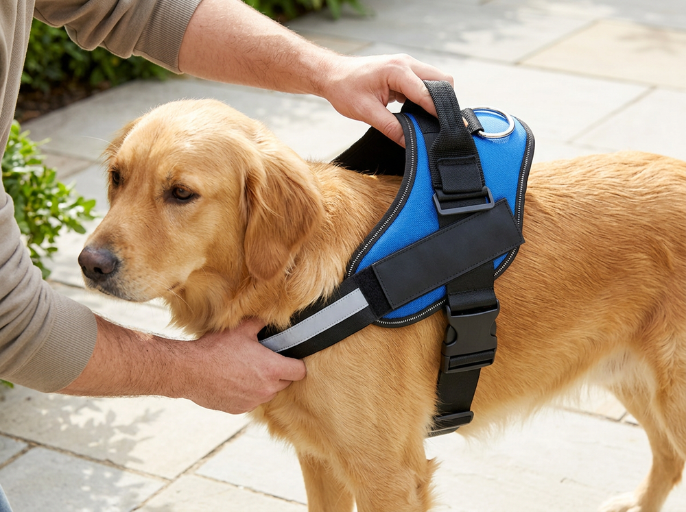 Leash clipped to metal D ring on blue and black adjustable dog harness