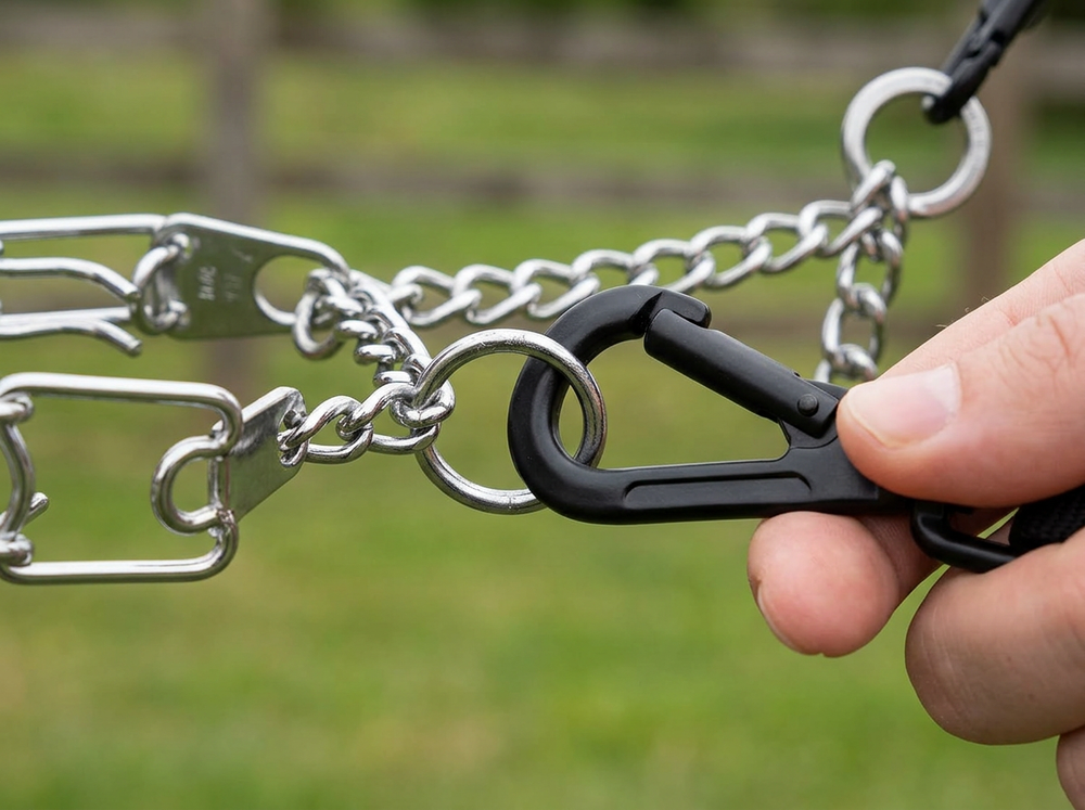 Leash connected to attachment ring of chrome plated steel prong training collar