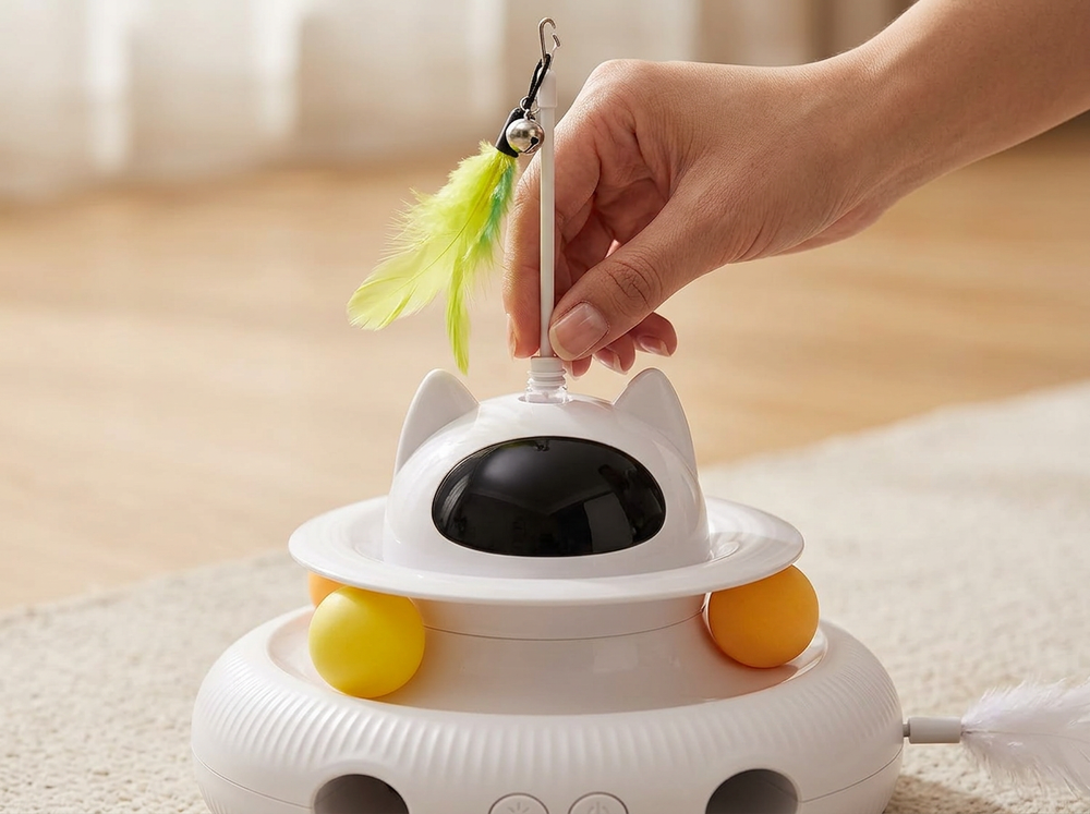  Hand attaching the feather teaser wand to the top of a white automatic interactive cat toy