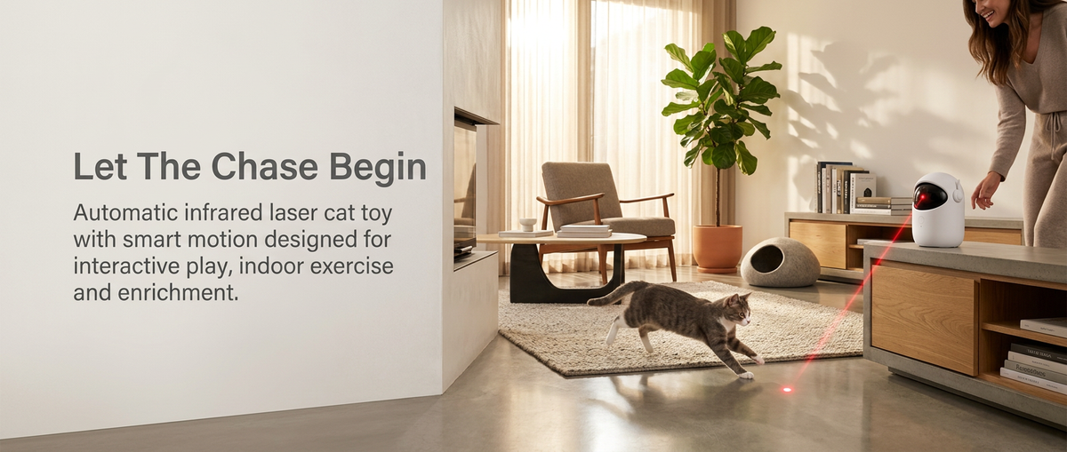Cat playing with smart motion automatic infrared laser toy at home.