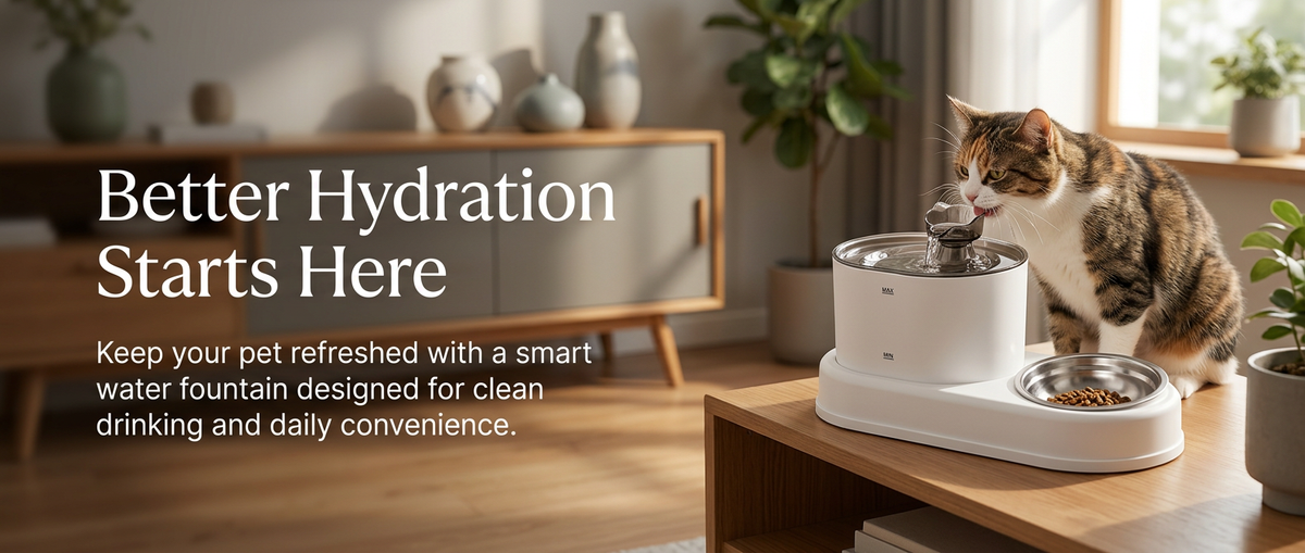 Automatic filtered cat water fountain in modern home