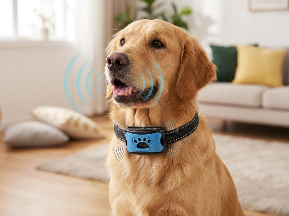 Smart  dog collar automatically detecting barking and activating a training response.