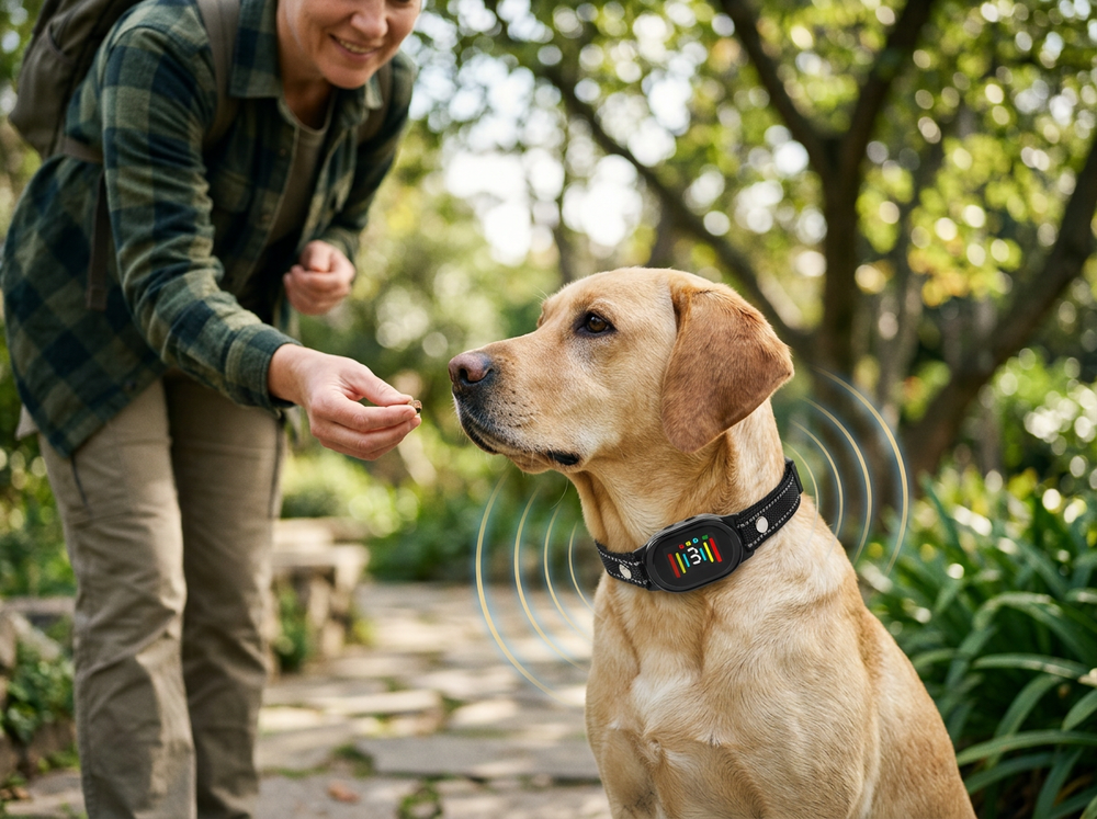 
 Automatic anti-bark collar detecting barking during dog training.
