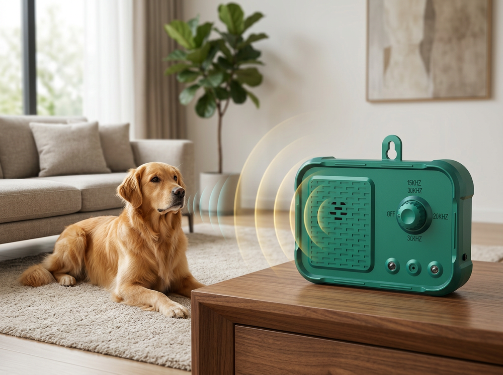 Green ultrasonic anti-barking device automatically detecting dog barking.