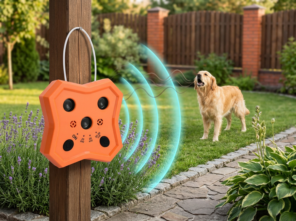 Orange automatic ultrasonic anti-barking device detecting dog barking in an outdoor training area.