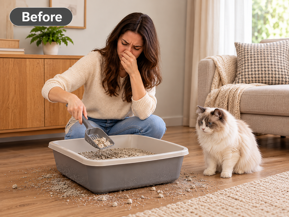 Cat owner manually cleaning a traditional litter box with scattered cat litter before using an automatic cat litter box