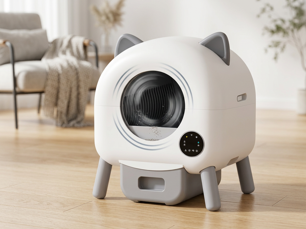 Smart cat litter box performing automatic internal cleaning cycle