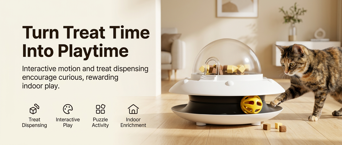 Automatic cat treat dispenser toy with transparent snack dome and interactive yellow ball beside a cat in a modern home