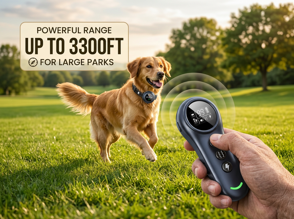 Smart dog bark collar with automatic bark detection and five adjustable sensitivity levels.