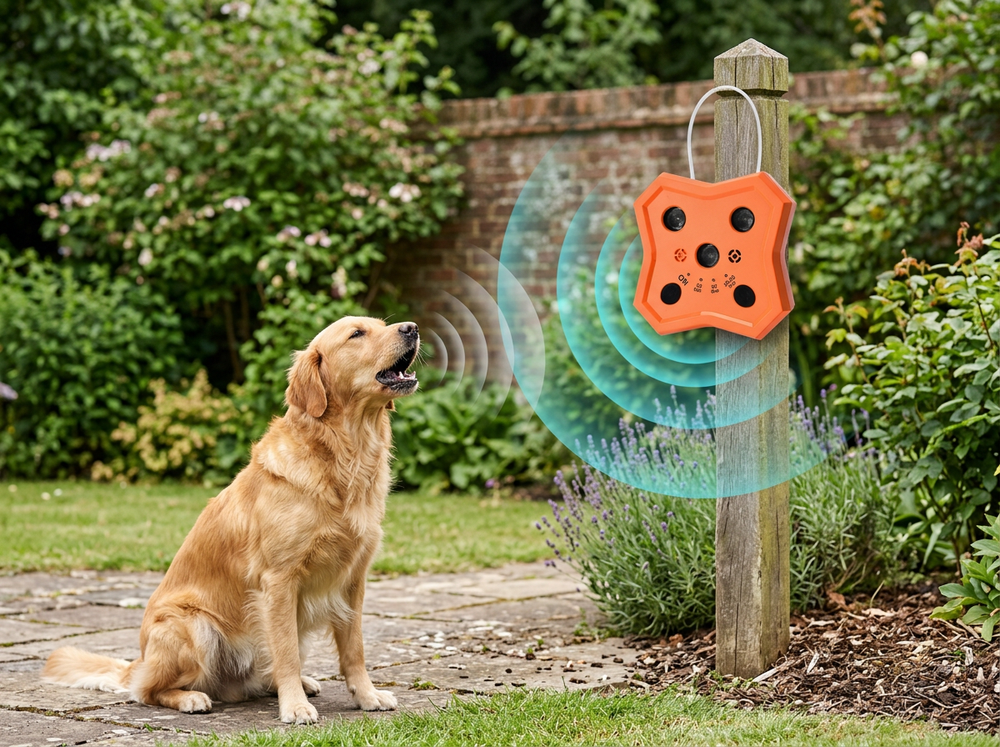 Automatic orange ultrasonic bark deterrent positioned near a barking dog for everyday training.