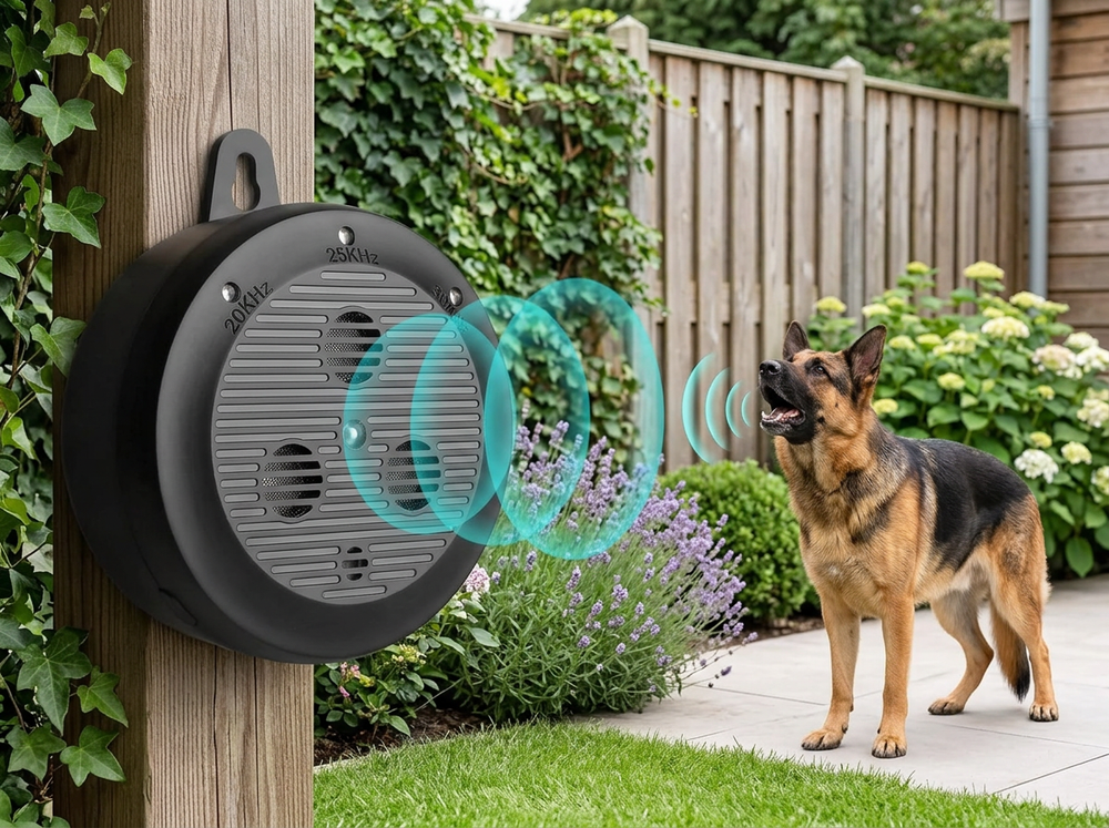 Automatic ultrasonic bark deterrent positioned near a barking dog for hands-free bark-control training.