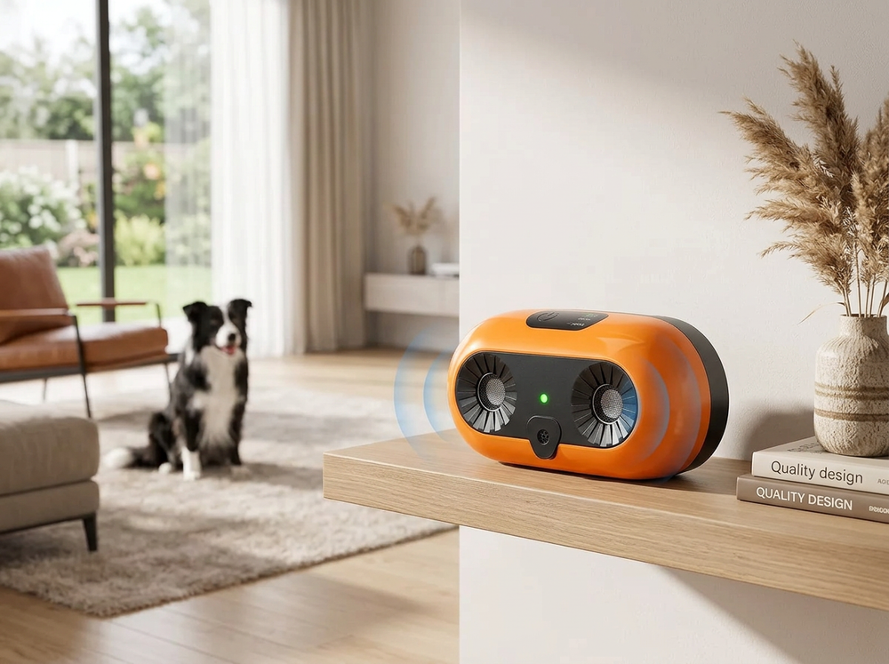 Orange ultrasonic bark control device operating automatically near a dog in a living room