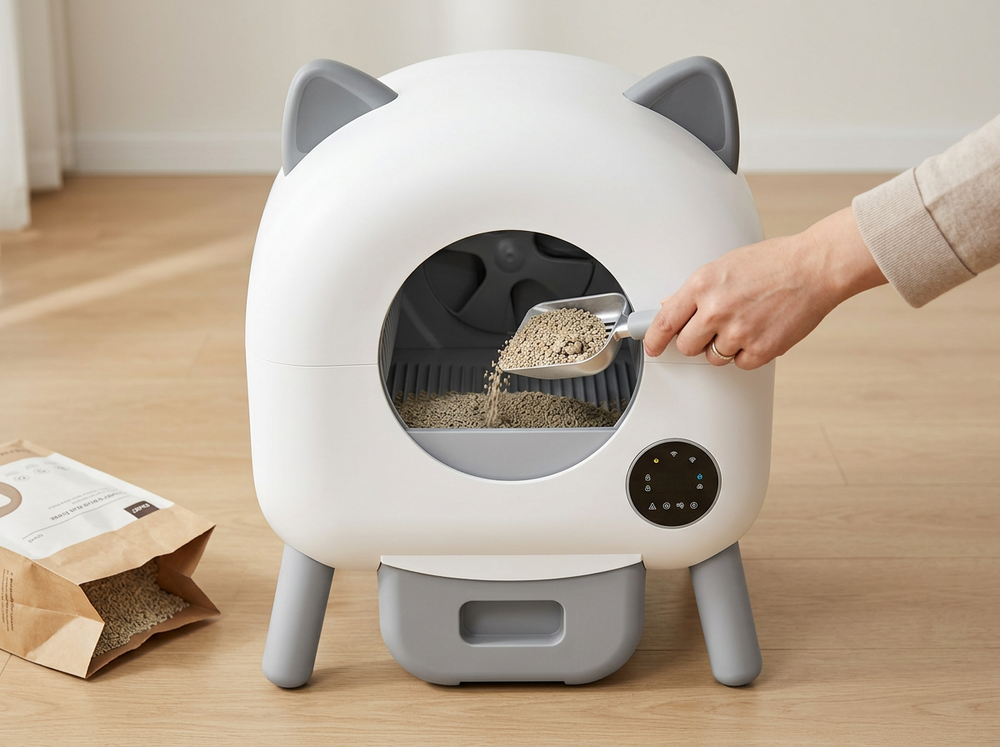 Removable gray waste collection drawer on smart automatic cat litter box